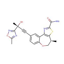 Cc1nc([C@](C)(O)C#Cc2ccc3c(c2)-c2nc(C(N)=O)sc2[C@@H](C)CO3)no1 ZINC000219430815