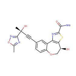 Cc1nc([C@](C)(O)C#Cc2ccc3c(c2)-c2nc(C(N)=O)sc2[C@@H](O)CO3)no1 ZINC000219454514