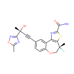 Cc1nc([C@](C)(O)C#Cc2ccc3c(c2)-c2nc(C(N)=O)sc2[C@](C)(F)CO3)no1 ZINC000219445243