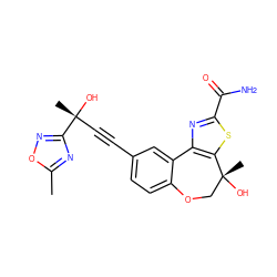 Cc1nc([C@](C)(O)C#Cc2ccc3c(c2)-c2nc(C(N)=O)sc2[C@](C)(O)CO3)no1 ZINC000219428581