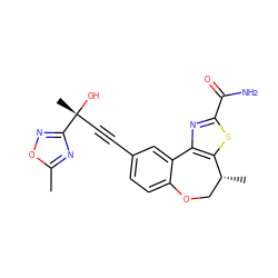 Cc1nc([C@](C)(O)C#Cc2ccc3c(c2)-c2nc(C(N)=O)sc2[C@H](C)CO3)no1 ZINC000219447952