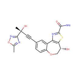 Cc1nc([C@](C)(O)C#Cc2ccc3c(c2)-c2nc(C(N)=O)sc2[C@H](O)CO3)no1 ZINC000219476403