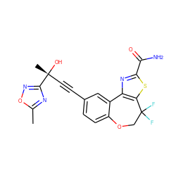 Cc1nc([C@](C)(O)C#Cc2ccc3c(c2)-c2nc(C(N)=O)sc2C(F)(F)CO3)no1 ZINC000219513941