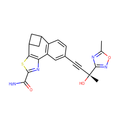 Cc1nc([C@](C)(O)C#Cc2ccc3c(c2)-c2nc(C(N)=O)sc2C2CC3C2)no1 ZINC000215756655