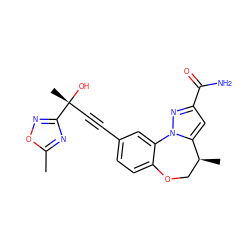 Cc1nc([C@](C)(O)C#Cc2ccc3c(c2)-n2nc(C(N)=O)cc2[C@@H](C)CO3)no1 ZINC000219484816