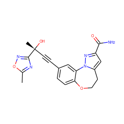 Cc1nc([C@](C)(O)C#Cc2ccc3c(c2)-n2nc(C(N)=O)cc2CCO3)no1 ZINC000215774500