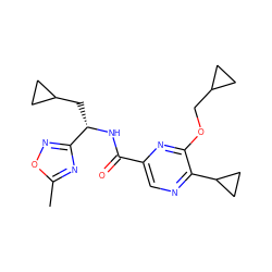 Cc1nc([C@H](CC2CC2)NC(=O)c2cnc(C3CC3)c(OCC3CC3)n2)no1 ZINC000207393221