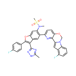 Cc1nc(-c2c(-c3ccc(F)cc3)oc3cc(N(C)S(C)(=O)=O)c(-c4ccc5c(n4)-c4cc6c(F)cccc6n4CO5)cc23)n[nH]1 ZINC000218302903