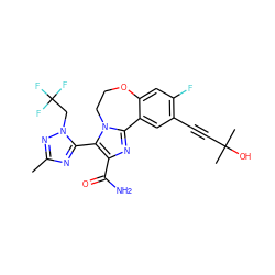 Cc1nc(-c2c(C(N)=O)nc3n2CCOc2cc(F)c(C#CC(C)(C)O)cc2-3)n(CC(F)(F)F)n1 ZINC000215740037