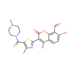 Cc1nc(-c2c(C)c3ccc(O)c(C=O)c3oc2=O)sc1C(=O)N1CCN(C)CC1 ZINC000261178303