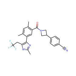 Cc1nc(-c2cc(C(=O)N3CC(c4ccc(C#N)cc4)C3)c(C)cc2C)c(CC(F)(F)F)[nH]1 ZINC000206737329