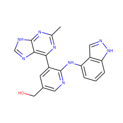 Cc1nc(-c2cc(CO)cnc2Nc2cccc3[nH]ncc23)c2nc[nH]c2n1 ZINC000113149802