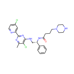 Cc1nc(-c2cc(Cl)ccn2)nc(NC[C@H](NC(=O)CCCN2CCNCC2)c2ccccc2)c1Cl ZINC000096271223