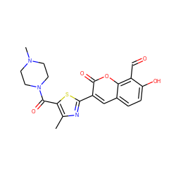 Cc1nc(-c2cc3ccc(O)c(C=O)c3oc2=O)sc1C(=O)N1CCN(C)CC1 ZINC000261175763