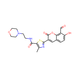 Cc1nc(-c2cc3ccc(O)c(C=O)c3oc2=O)sc1C(=O)NCCN1CCOCC1 ZINC000261189951