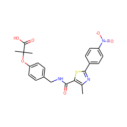 Cc1nc(-c2ccc([N+](=O)[O-])cc2)sc1C(=O)NCc1ccc(OC(C)(C)C(=O)O)cc1 ZINC000038151296