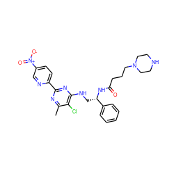 Cc1nc(-c2ccc([N+](=O)[O-])cn2)nc(NC[C@H](NC(=O)CCCN2CCNCC2)c2ccccc2)c1Cl ZINC000096271227