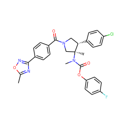 Cc1nc(-c2ccc(C(=O)N3C[C@H](c4ccc(Cl)cc4)[C@@](C)(N(C)C(=O)Oc4ccc(F)cc4)C3)cc2)no1 ZINC000169698934