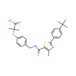 Cc1nc(-c2ccc(C(C)(C)C)cc2)sc1C(=O)NCc1ccc(OC(C)(C)C(=O)O)cc1 ZINC000034357232