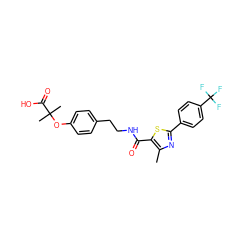 Cc1nc(-c2ccc(C(F)(F)F)cc2)sc1C(=O)NCCc1ccc(OC(C)(C)C(=O)O)cc1 ZINC000034359096