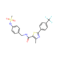 Cc1nc(-c2ccc(C(F)(F)F)cc2)sc1C(=O)NCc1ccc(NS(C)(=O)=O)cc1 ZINC000028978814