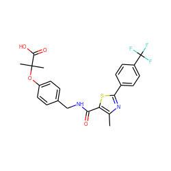 Cc1nc(-c2ccc(C(F)(F)F)cc2)sc1C(=O)NCc1ccc(OC(C)(C)C(=O)O)cc1 ZINC000016052349