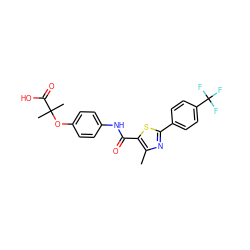 Cc1nc(-c2ccc(C(F)(F)F)cc2)sc1C(=O)Nc1ccc(OC(C)(C)C(=O)O)cc1 ZINC000035246685