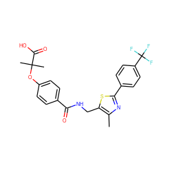 Cc1nc(-c2ccc(C(F)(F)F)cc2)sc1CNC(=O)c1ccc(OC(C)(C)C(=O)O)cc1 ZINC000035246701