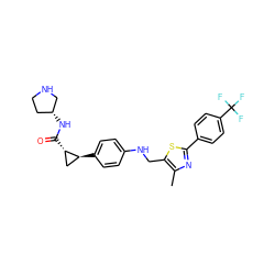 Cc1nc(-c2ccc(C(F)(F)F)cc2)sc1CNc1ccc([C@H]2C[C@@H]2C(=O)N[C@@H]2CCNC2)cc1 ZINC000028572288