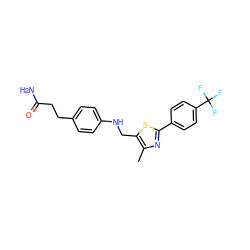 Cc1nc(-c2ccc(C(F)(F)F)cc2)sc1CNc1ccc(CCC(N)=O)cc1 ZINC000028572284