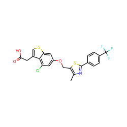 Cc1nc(-c2ccc(C(F)(F)F)cc2)sc1COc1cc(Cl)c2c(CC(=O)O)csc2c1 ZINC000028822705