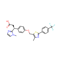 Cc1nc(-c2ccc(C(F)(F)F)cc2)sc1COc1ccc([C@H](CC(=O)O)c2nccn2C)cc1 ZINC000034603391