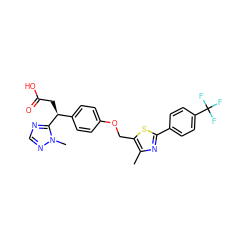 Cc1nc(-c2ccc(C(F)(F)F)cc2)sc1COc1ccc([C@H](CC(=O)O)c2ncnn2C)cc1 ZINC000034603392