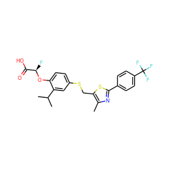 Cc1nc(-c2ccc(C(F)(F)F)cc2)sc1CSc1ccc(O[C@H](F)C(=O)O)c(C(C)C)c1 ZINC000073199663