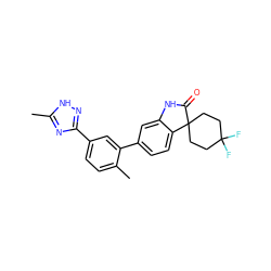 Cc1nc(-c2ccc(C)c(-c3ccc4c(c3)NC(=O)C43CCC(F)(F)CC3)c2)n[nH]1 ZINC000073196933