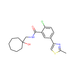 Cc1nc(-c2ccc(Cl)c(C(=O)NCC3(O)CCCCCC3)c2)cs1 ZINC000072179470