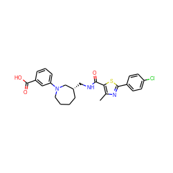 Cc1nc(-c2ccc(Cl)cc2)sc1C(=O)NC[C@@H]1CCCCN(c2cccc(C(=O)O)c2)C1 ZINC000073224662