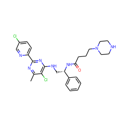 Cc1nc(-c2ccc(Cl)cn2)nc(NC[C@H](NC(=O)CCCN2CCNCC2)c2ccccc2)c1Cl ZINC000096271229