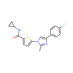 Cc1nc(-c2ccc(F)cc2)cn1-c1ccc(C(=O)NC2CC2)s1 ZINC000169701617