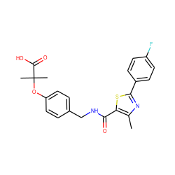 Cc1nc(-c2ccc(F)cc2)sc1C(=O)NCc1ccc(OC(C)(C)C(=O)O)cc1 ZINC000034351362