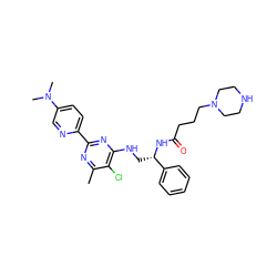 Cc1nc(-c2ccc(N(C)C)cn2)nc(NC[C@H](NC(=O)CCCN2CCNCC2)c2ccccc2)c1Cl ZINC000096271226