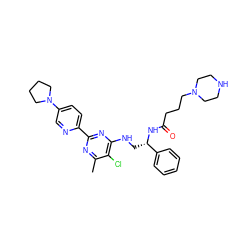 Cc1nc(-c2ccc(N3CCCC3)cn2)nc(NC[C@H](NC(=O)CCCN2CCNCC2)c2ccccc2)c1Cl ZINC000096271225