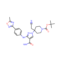 Cc1nc(-c2ccc(Nc3nn(C4(CC#N)CCN(C(=O)OC(C)(C)C)CC4)cc3C(N)=O)cc2)no1 ZINC000220954557