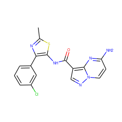 Cc1nc(-c2cccc(Cl)c2)c(NC(=O)c2cnn3ccc(N)nc23)s1 ZINC000095579195