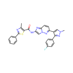 Cc1nc(-c2ccccc2)sc1C(=O)Nc1cn2nc(-c3cn(C)nc3-c3ccc(F)cc3)ccc2n1 ZINC001772602285