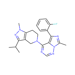 Cc1nc(-c2ccccc2F)c2c(N3CCc4c(c(C(C)C)nn4C)C3)ncnn12 ZINC000169711674