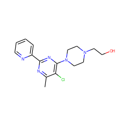 Cc1nc(-c2ccccn2)nc(N2CCN(CCO)CC2)c1Cl ZINC000019924596