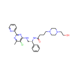 Cc1nc(-c2ccccn2)nc(NC[C@H](NC(=O)CCCN2CCN(CCO)CC2)c2ccccc2)c1Cl ZINC000096271244