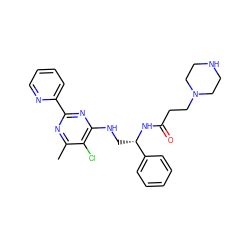 Cc1nc(-c2ccccn2)nc(NC[C@H](NC(=O)CCN2CCNCC2)c2ccccc2)c1Cl ZINC000096271243