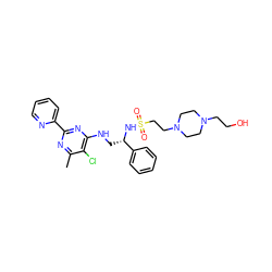 Cc1nc(-c2ccccn2)nc(NC[C@H](NS(=O)(=O)CCN2CCN(CCO)CC2)c2ccccc2)c1Cl ZINC000096271236